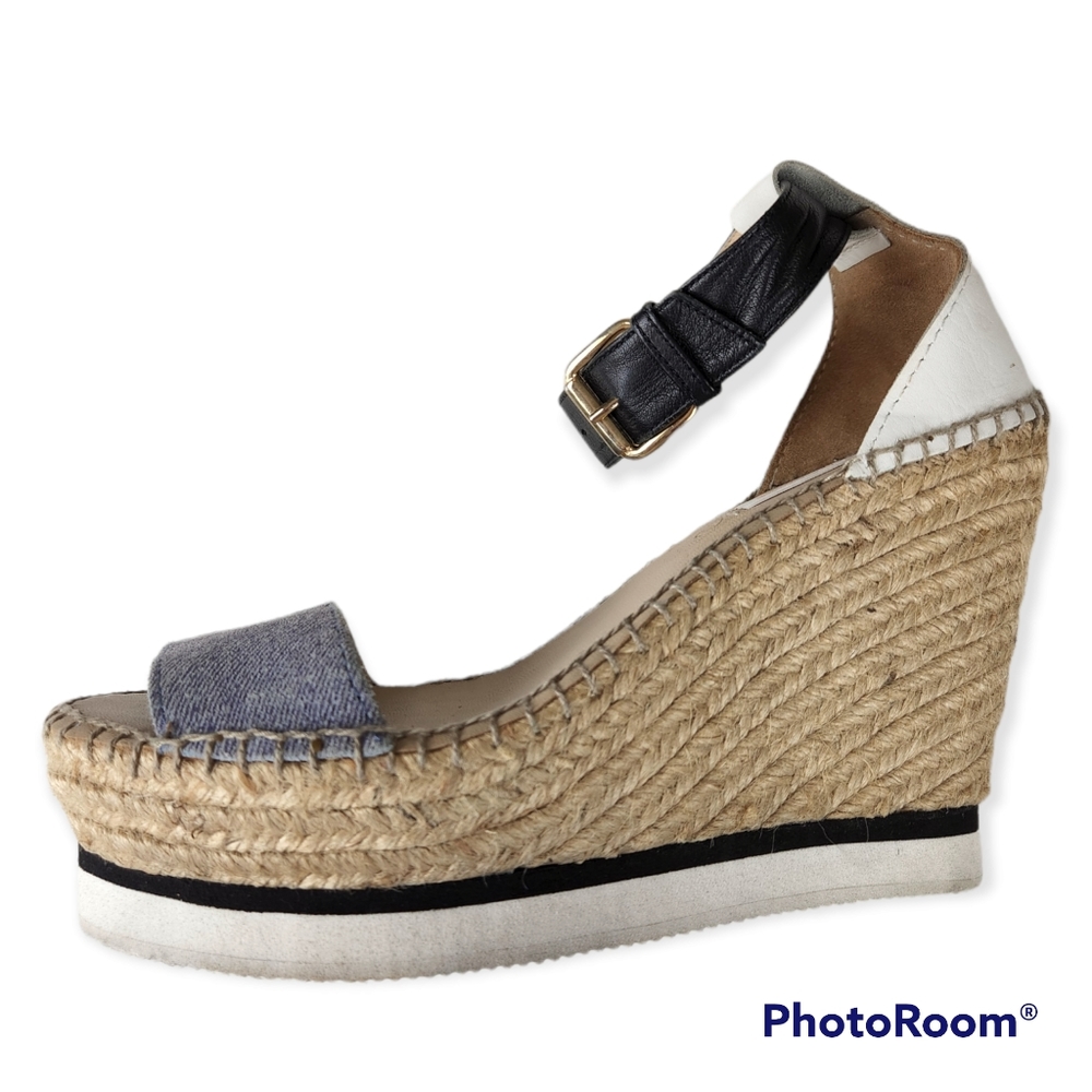 See By Chloe Blue, Black & White Espadrille Wedge Sandals